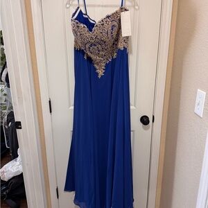 Royal Blue Prom Dress with Gold Beaded Bodice